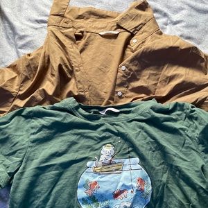 ROMWE tan cropped button up with green cat shirt